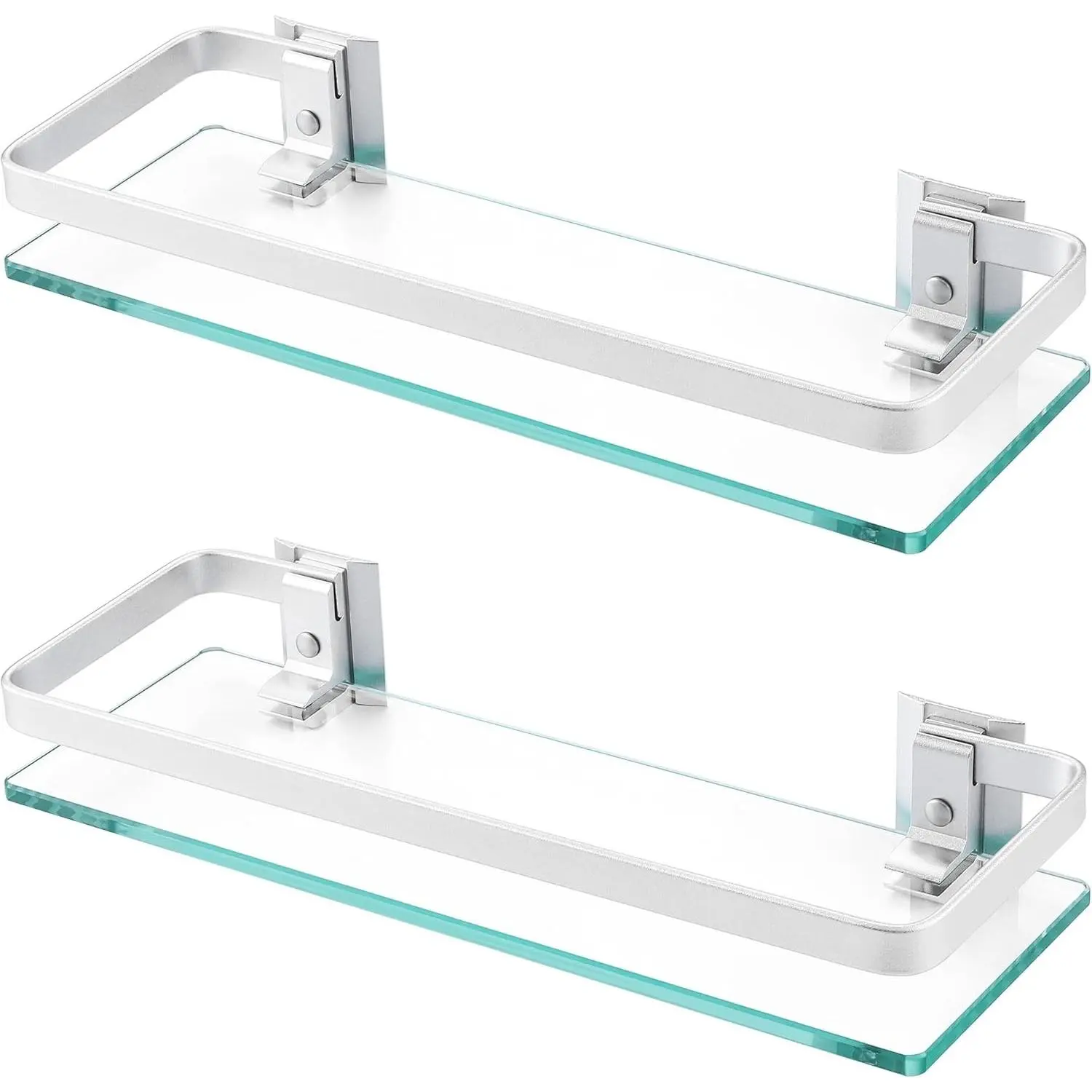 Glass Shelves for Bathroom, Floating Tempered Glass Shelves 14 Inch | Aluminum Extra Thick 2 Pack Rectangular Storage Organizer Wall Mount Silver, A4126A-P2