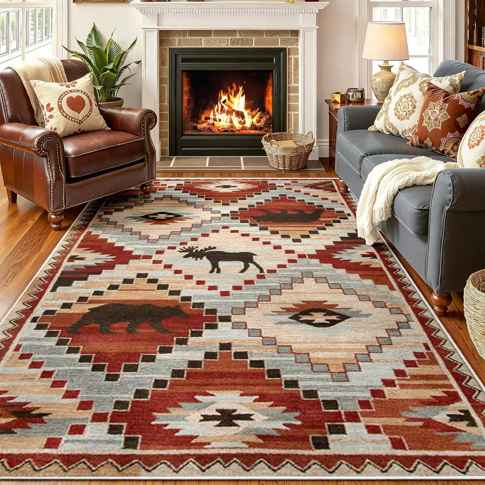 1pc 8x10ft Southwestern Lodge Area Rug, Rust Red, Beige, and Gray Geometric Animal Silhouette Carpet, Soft, Non-Slip, Machine-Washable Floor Covering, Stain-Resistant, Low-Pile Rug, Aesthetic Decor for Living Room and Bedroom