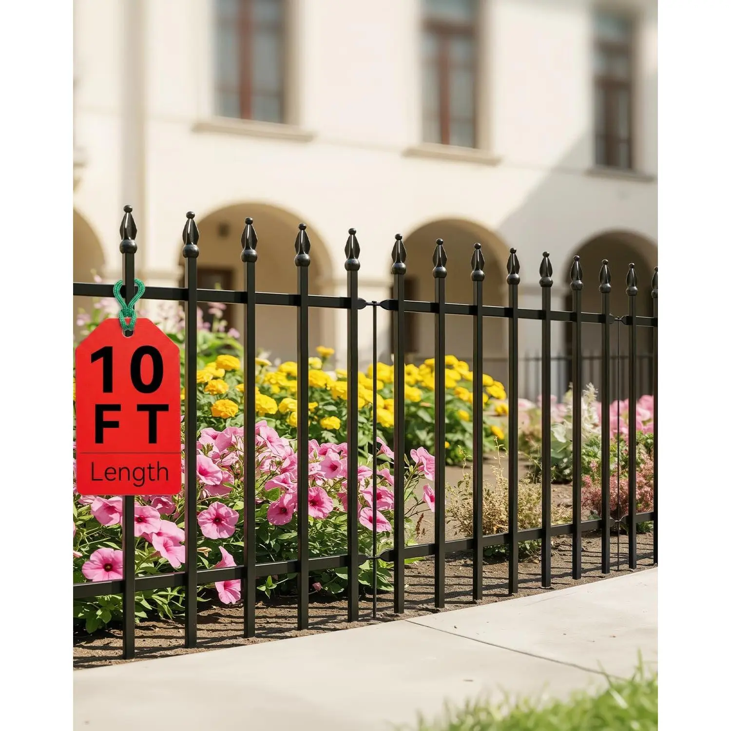5 Panels Metal Garden Fence 24" H x 24" W, Decorative Fence Panels | 10 ft Length, No Digging, Rustproof Coated, Heavy-Duty Thicken Steel, for Yard, Patio, Small  Barrier, Outside Black