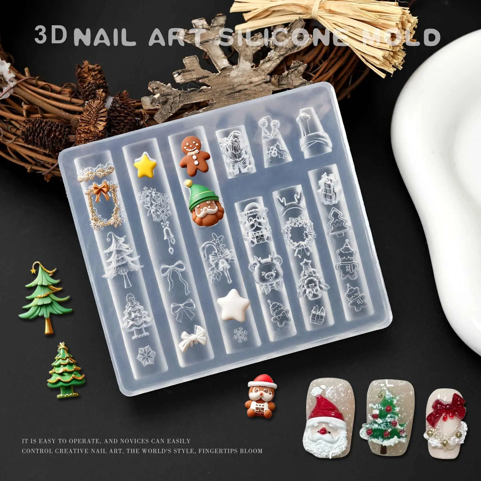 Christmas Snowman Christmas Tree 3d Nail Mold Elk Gingerbread Man Nail Decorations Diy Design Silicone Manicure Mold Nail Art- Silicone Template - Mold for Resin Liquid