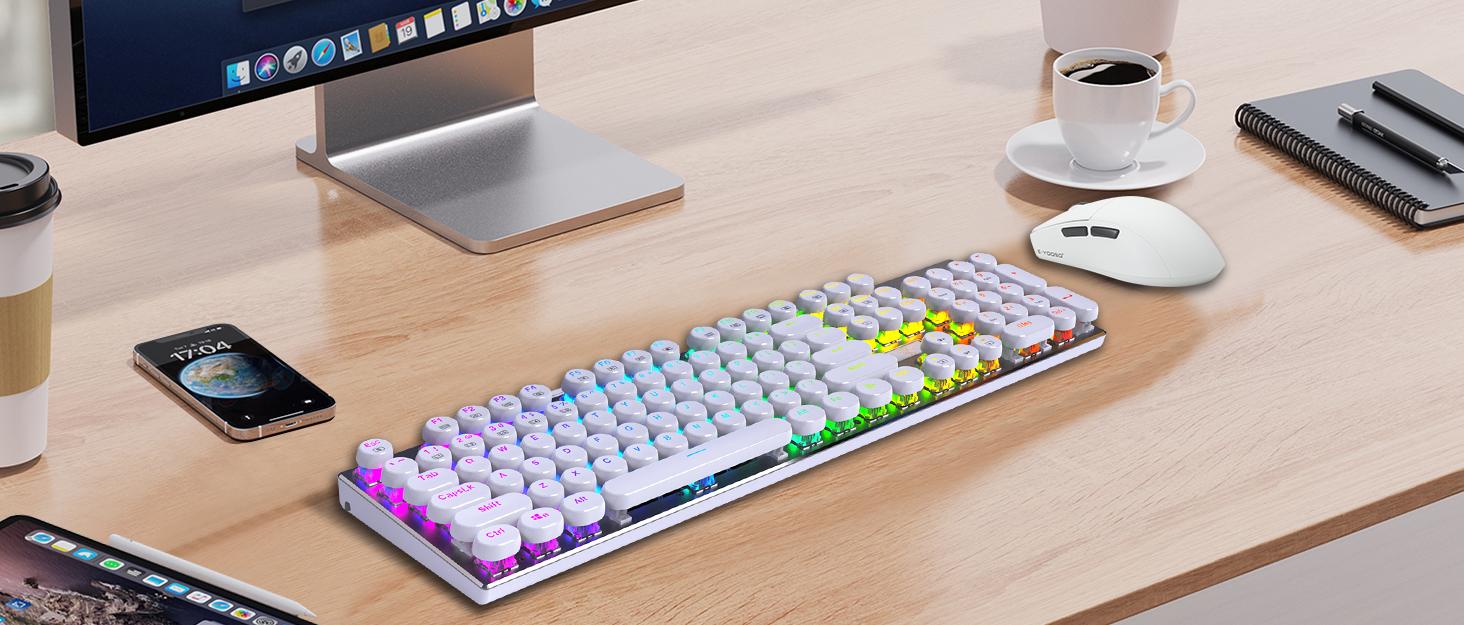 HUO JI E-Yooso Z-88 RGB Mechanical Gaming Keyboard USB Wired, Customizable RGB Backlit, Blue Switches - Clicky, Metal Panel, 104 Keys for Mac, PC, Silver+White