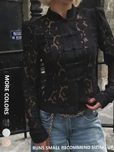 Women's Floral Lace Patchwork Button Front High Neck Top, Lightweight, Fitted, Early Spring Fashion, All over Print, Casual Daily Wear, Ladies' Blouse, Feminine Top, Womenswear