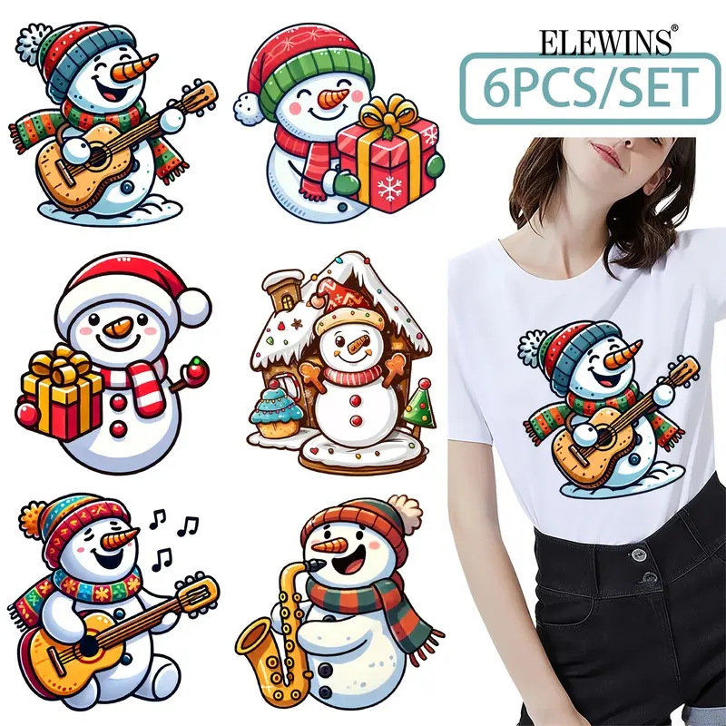 6pcs Christmas Iron-On Transfers DTF Snowman Reindeer Bells DIY Heat Press Decals for T-Shirts Hoodies Jeans Pillows Washable Plastic Fabric Patches No-Sew Gift Supplies