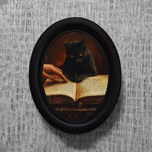 Vintage Gothic Cat Book Frame, Dark Magic Divination Theme, Oval Photo Holder, Home Desktop Decor, Retro Atmosphere Decoration
