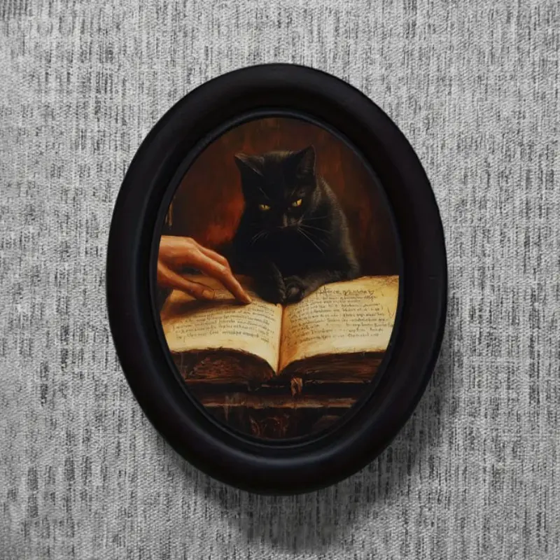 Vintage Gothic Cat Book Frame, Dark Magic Divination Theme, Oval Photo Holder, Home Desktop Decor, Retro Atmosphere Decoration, Antique Picture Frames