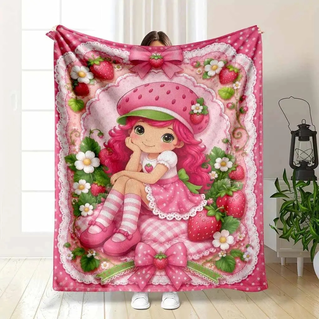 Strawberry Princess Flannel Blanket, cooling blankets cooling blanket blankets quince bedding, Kawaii Strawberry Floral Bow Print Soft Cozy Lightweight Plush Throw for Sofa Bedroom Dorm Picnic Valentine’s Day Gift Room Decor
