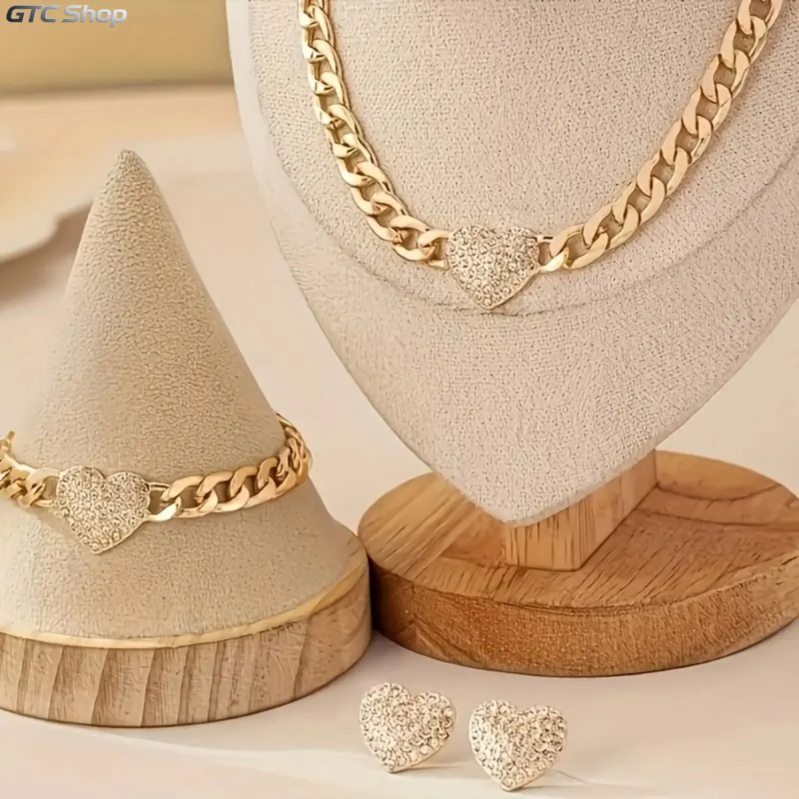 Chic Bling Heart-Shaped Jewelry Set - Gold Alloy Necklace, Earrings & Bracelet Combo With Rhinestone Accents For Women Ideal For Casual Wear & Parties