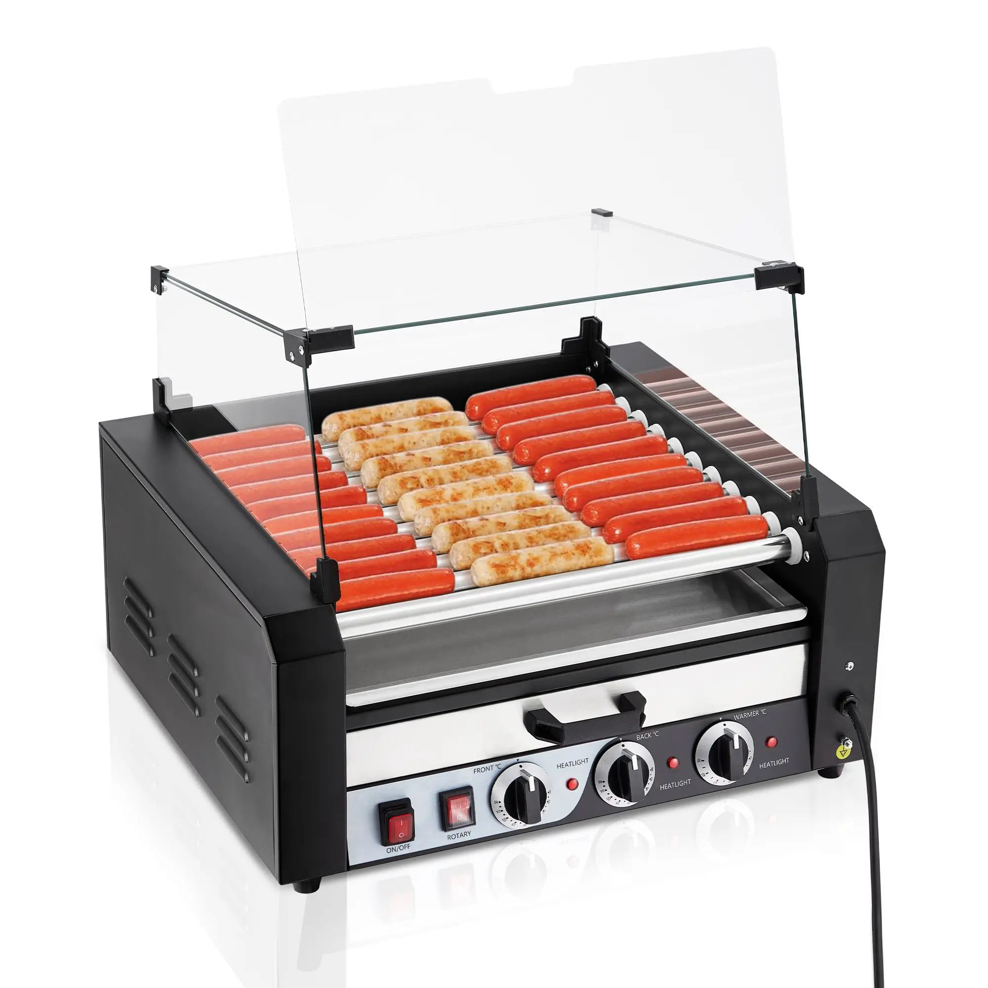 30 Hot Dog Roller Grill with Bun Warmer - 11 Nonstick Rollers, Dual Temp Control + Removable Drip Tray & Glass Cover - Perfect for Home Parties, BBQs, Food Trucks