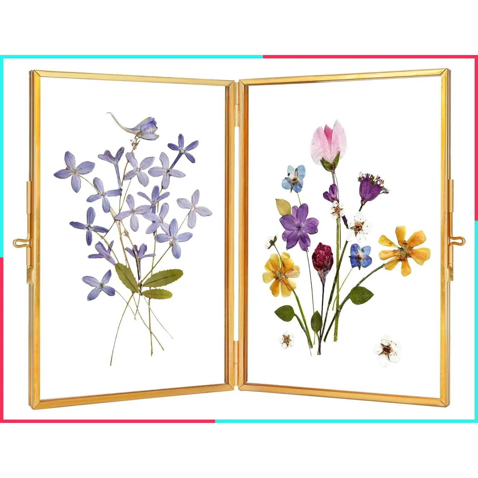 Handmade Glass Pressed Flower Frame, Rectangle Gold 4x6 Inch Hinged Double Photo Frame, Tabletop Brass Dried Flowers Display Folding Frame for Home Decor