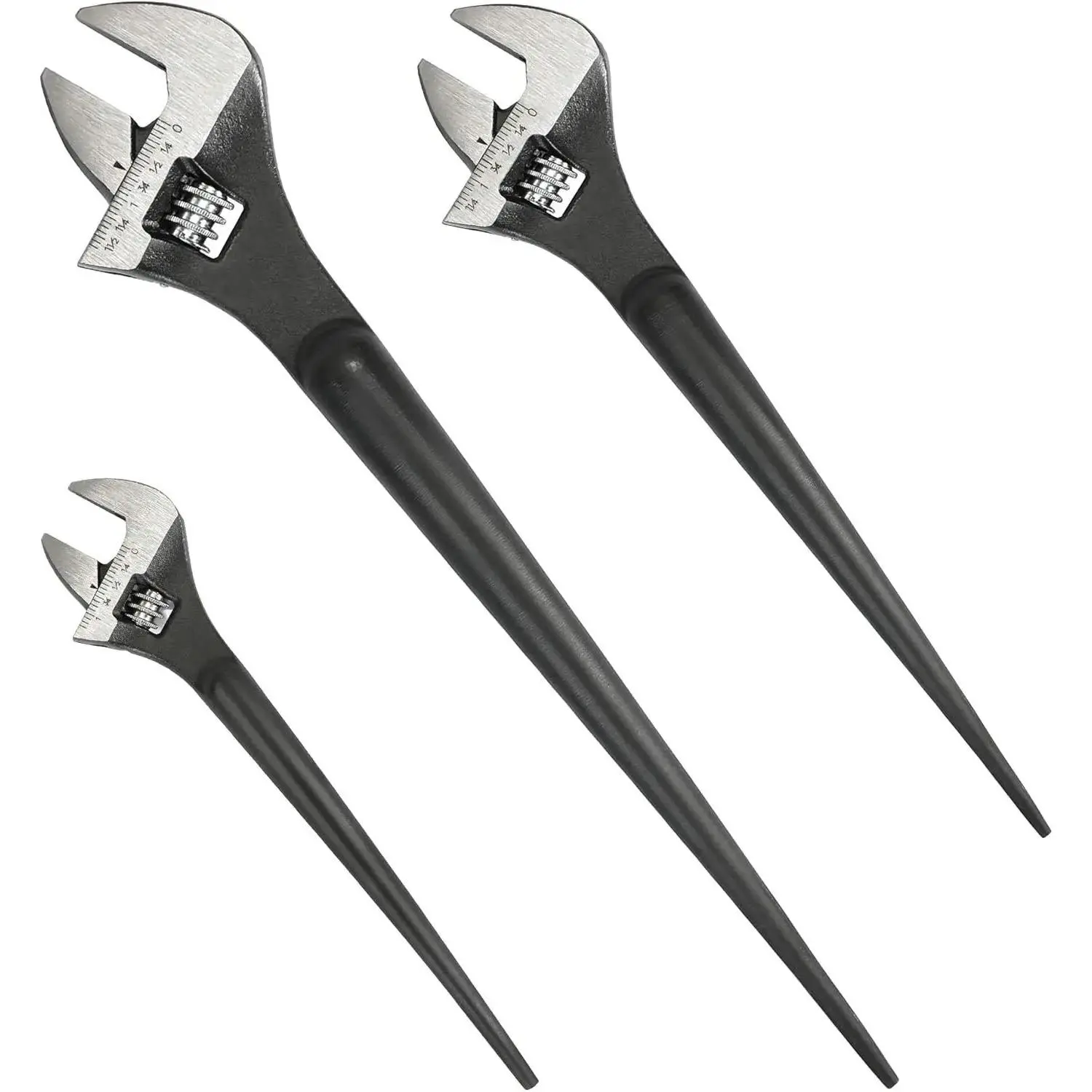 3- Adjustable Construction Spud Wrench Set, 8-inch, 10-inch, 12-inch, Black Oxide Finish, CR-V Steel, SAE and Metric Scale Marked, Alignment Holes and Tail Crowbar Features