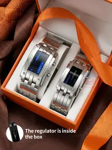 Couple Cool Binary Stainless Steel LED Watch, Bracelet Watch Fashion Blue Light Sports Watch, Vacuum Plated