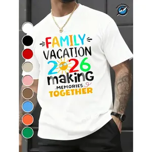 Family Vacation 2026 Commemorative T-Shirt with Colorful Text and Sun Pattern, Family Trip Souvenir, Shipped Locally, 100% Cotton, Comfortable and Casual Style, Men's Plain T-Shirt, Fun, Men's Shirt T-Shirt, Gift for Dad on Holidays