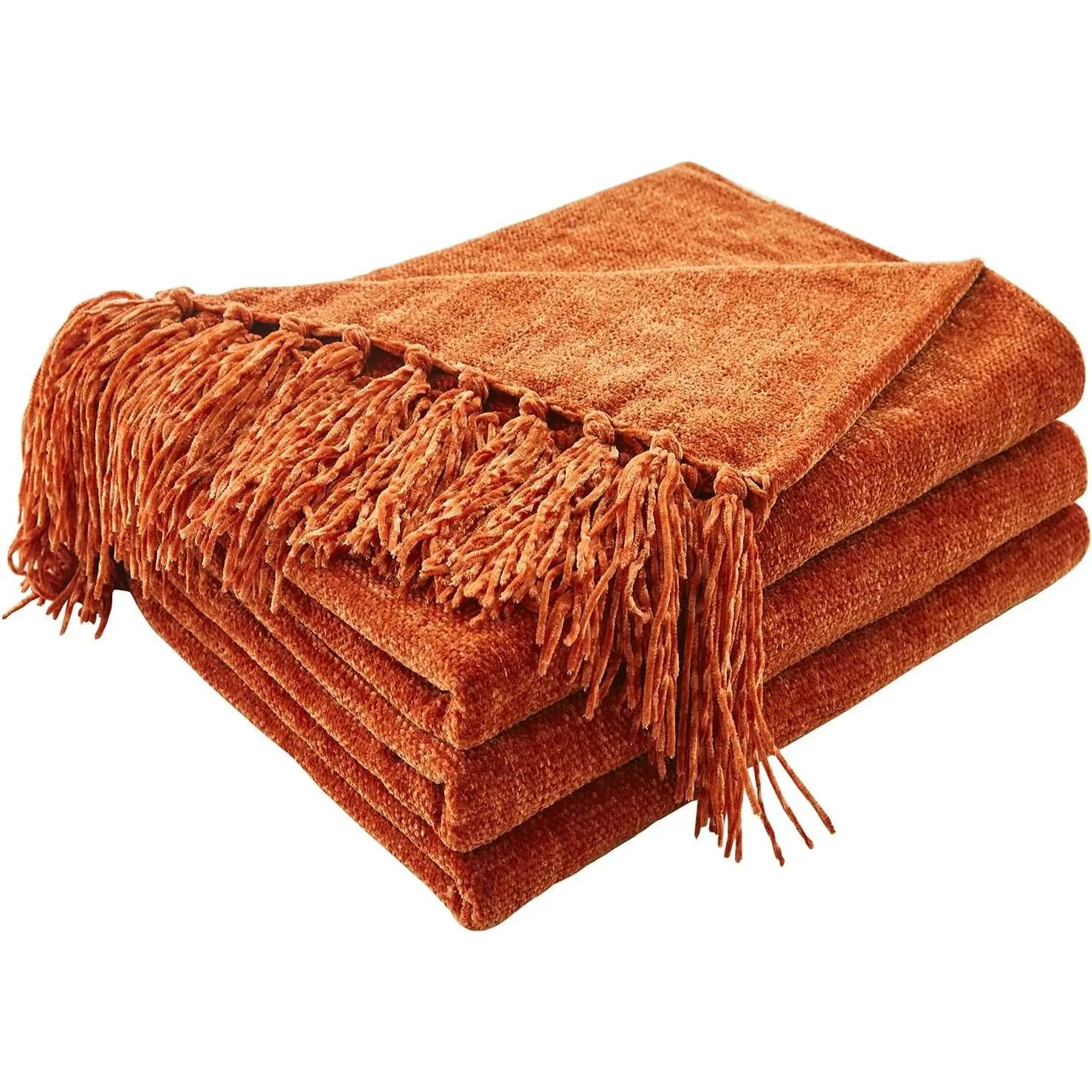 Chenille Throw Blanket, Rust Orange Fringe Blanket, 50"X60" | For Couch, Cozy Plush Fuzzy Decorative Blanket with Fringe Tassels, Lightweight Throws for Bed Sofa Gift Home Decor