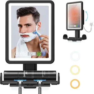 Fogless Shower Mirror for Shaving, LED Heated Rechargeable Anti-Fog Shower Mirror with Digital Clock & Storage Tray, 3 Color Lighting, Dimmable Touch Screen