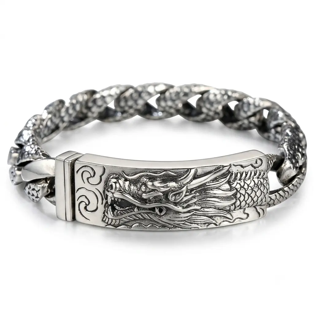 925 Sterling Silver Men's Vintage Dragon Bracelet - Chunky Cuban Chain with Carved Scales Links, Carved Details, Secure Clasp, Biker Gothic Hip Hop Streetwear Jewelry Gift