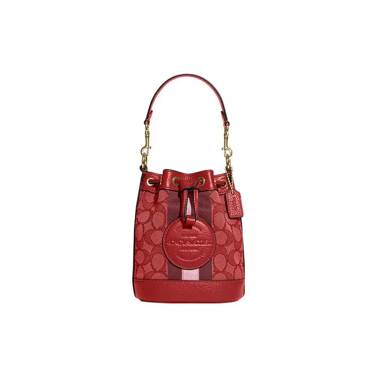 COACH Dempsey 14 Classic Monogram Drawstring Tote Bag for Women – Jacquard and Pebbled Leather, Mini, Red