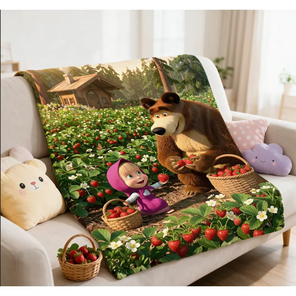Cute Masha And Bear Forest Strawberry Scene Printed Flannel Blanket Cozy Plush All Season Throw Blankets Bedding Bed Accessories Sweet Home Decor Blanket Perfect Present For Toddlers Girls Cartoon Lovers