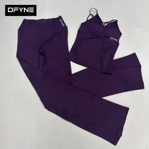 DFYNE Viral 2 Piece Workout Set | Seamless V-Neck Camisole Tank & Flattering V-Crossover Waist Flared Leggings Hourglass Yoga Set
