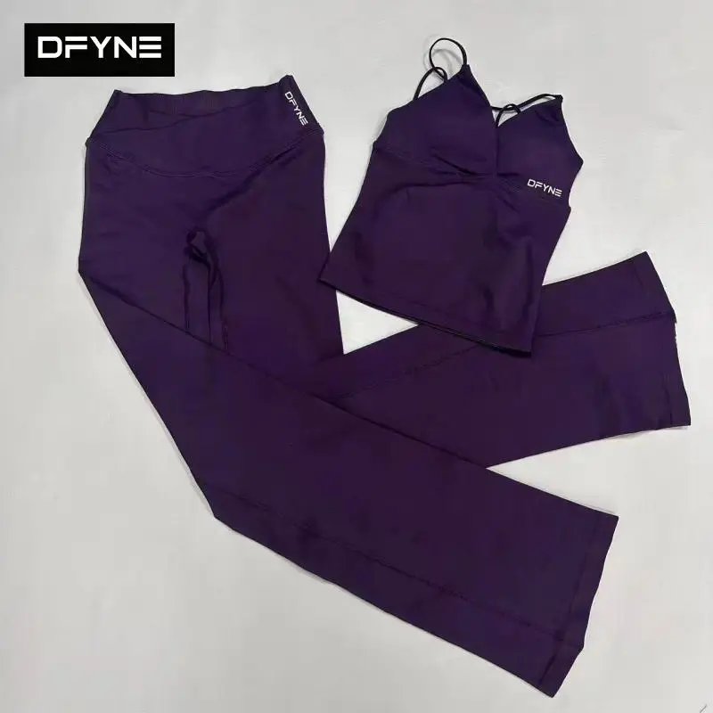 DFYNE Viral 2 Piece Workout Set | Seamless V-Neck Camisole Tank & Flattering V-Crossover Waist Flared Leggings Hourglass Yoga Set