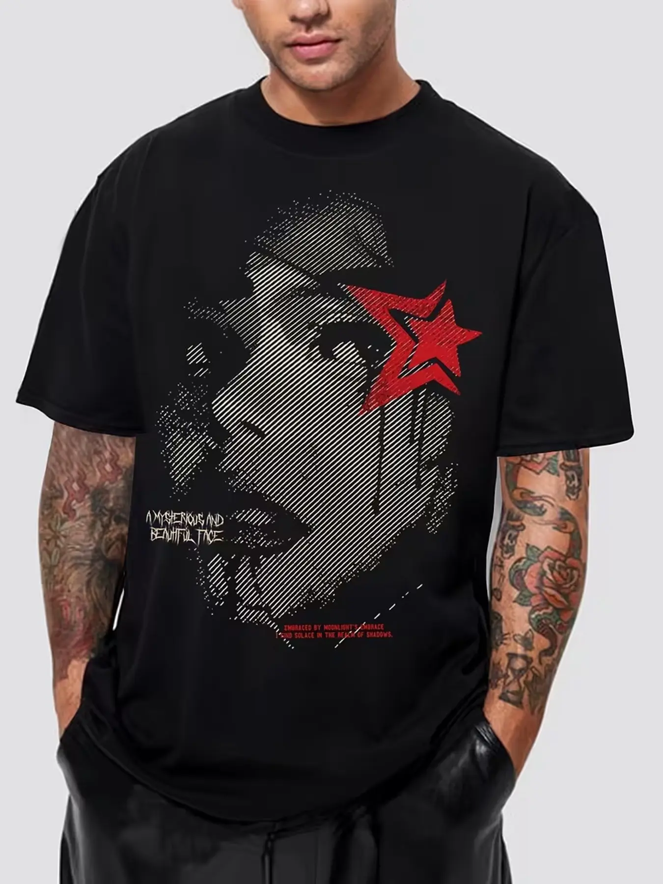 Men's Retro Graphic T-Shirt, Russian Vintage Face Pattern, American Street Style, Long Fitted H-Type, Daily Commute, Punk Fashion
