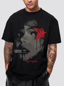Men's Retro Graphic T-Shirt, Russian Vintage Face Pattern, American Street Style, Long Fitted H-Type, Daily Commute, Punk Fashion