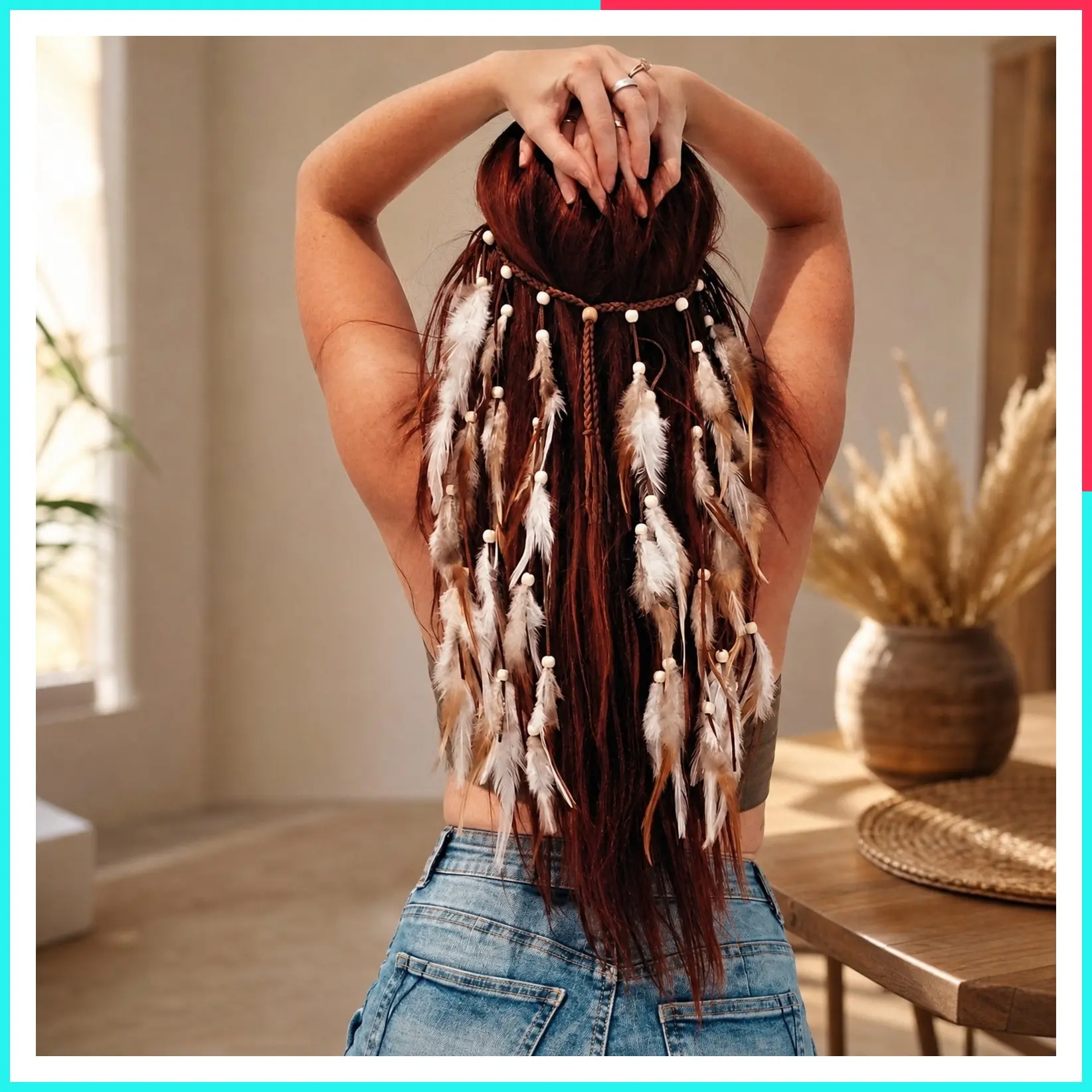 Bohemian Feather Headband with White & Brown Feather Tassel and Hemp Rope - Gypsy Hair Band for Festivals, Masquerades, Carnival, Hippie Costume, Women's Prom Accessories