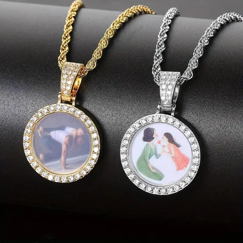 Exquisite Hip-Hop Round Photo Frame Zirconia Open Pendant Necklace for Men and Women Daily Jewelry Gift for Friends and Family circle chain