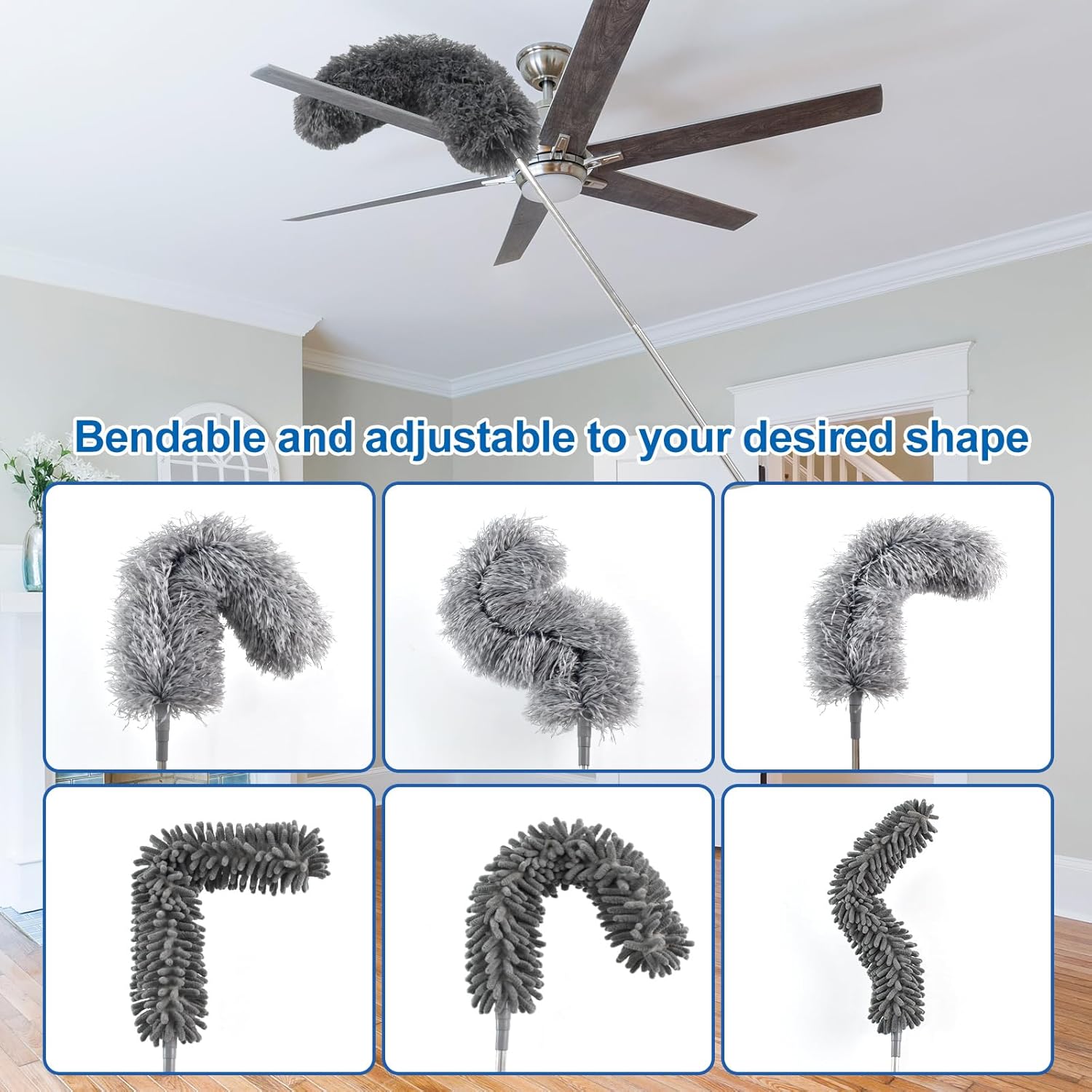 Extendable Feather Duster 4-Piece Set, 30-100 Inch Telescoping Pole, Bendable & Reusable, Perfect for High Ceilings, Fans, Lights, Blinds, Cars, Furniture
