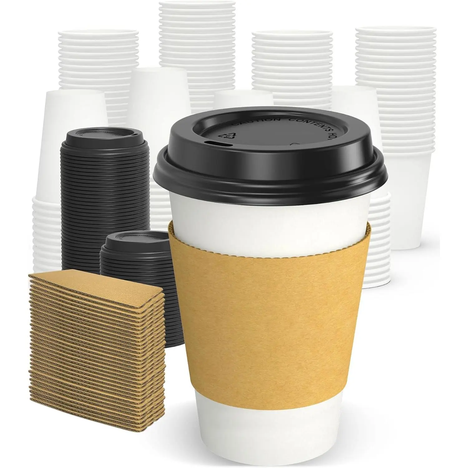 100-Pack 12 oz Disposable Drinkware for Coffee Bar, Non-Toxic Thick Paper Individual Cups with Leak-Proof Lids, Insulated Sleeves, Heat Resistant for Hot & Cold Beverages