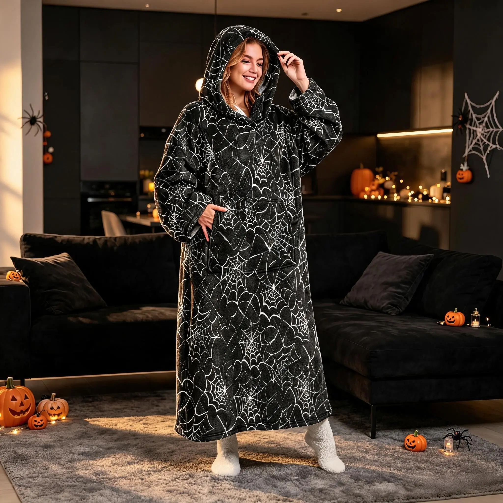 Unisex Coral Fleece Long Sleep Robe, Heart Spider Web Print, Loose Fit Home Robe with Large Pockets, Halloween Gift Idea