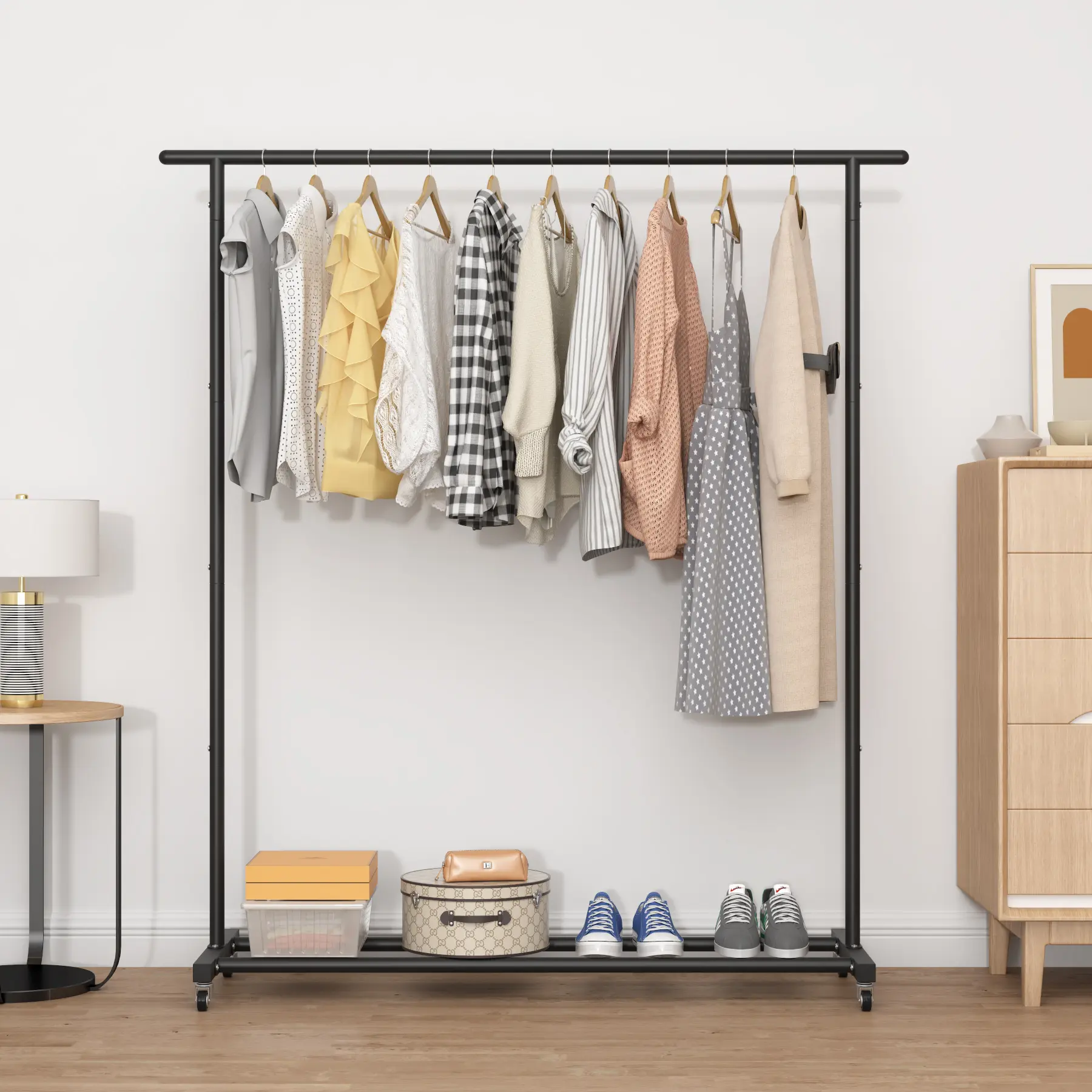 UDEAR Clothing Rack Clothes Rack Standard Rod Simple Rolling Metal Garment Rack Organizer Freestanding Hanger with Wheels