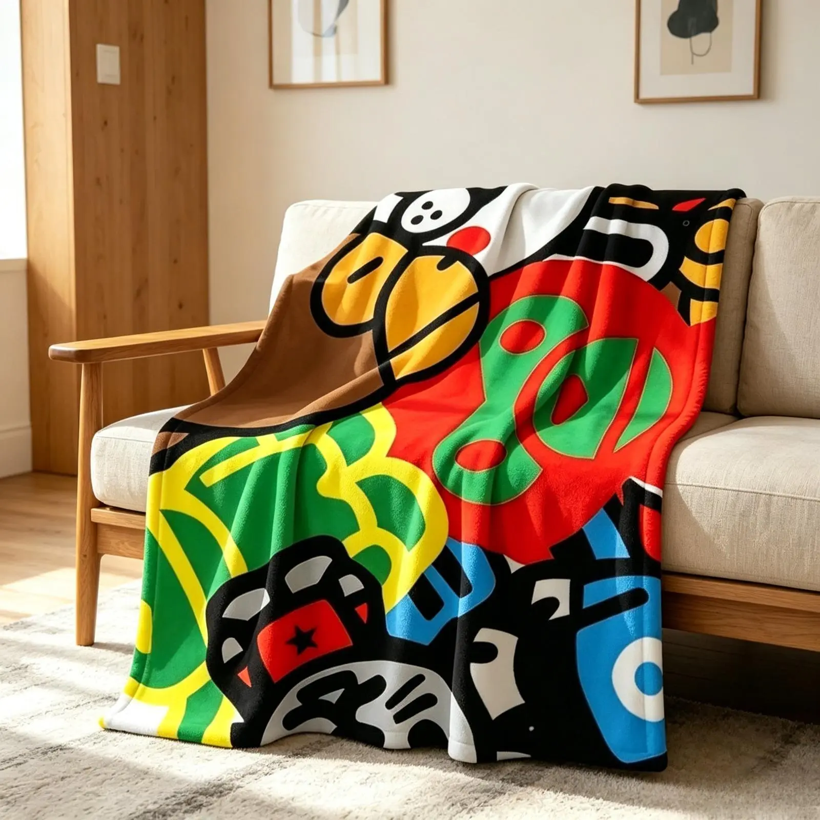 Colorful Streetwear Patchwork Flannel Throw Blanket, Soft Plush Cozy Fleece Cartoon Art Blanket for Couch Sofa Bed, Aesthetic Room Decor Gift for Teens Adults