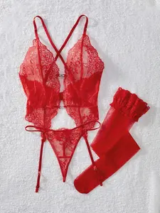 Women's Sexy Bra Set, Lingerie, Vacuum Transparent Lace, No Underwire, G-String, Stockings, 4-Piece, Party, Nightwear, Elegant Sleepwear, Strappy Lingerie