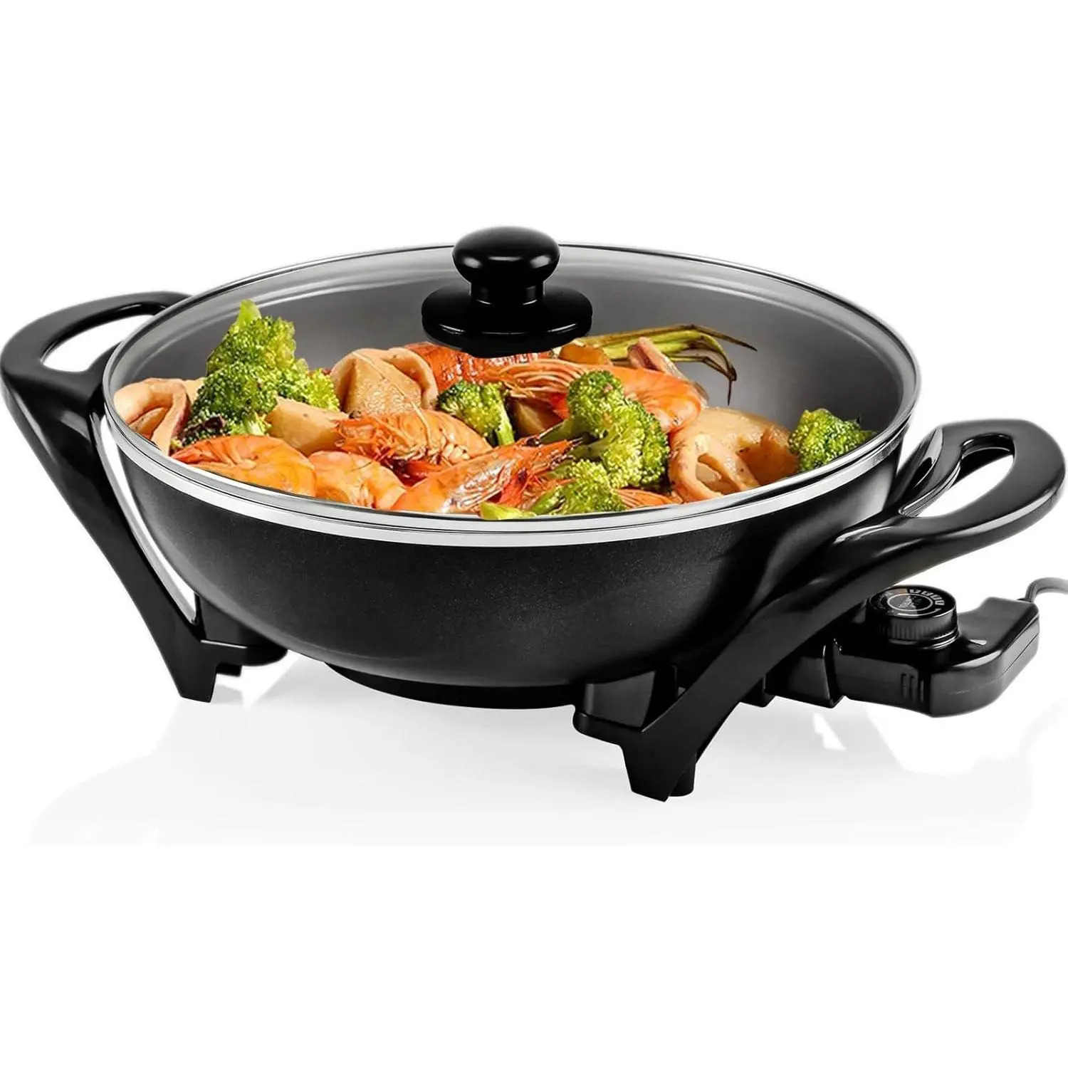 Electric Wok With Lid Nonstick - Electric Skillet Serves For 6 People, Portable Countertop Cooking Wok, 5-Dial Temperature Control, 13inch, Black