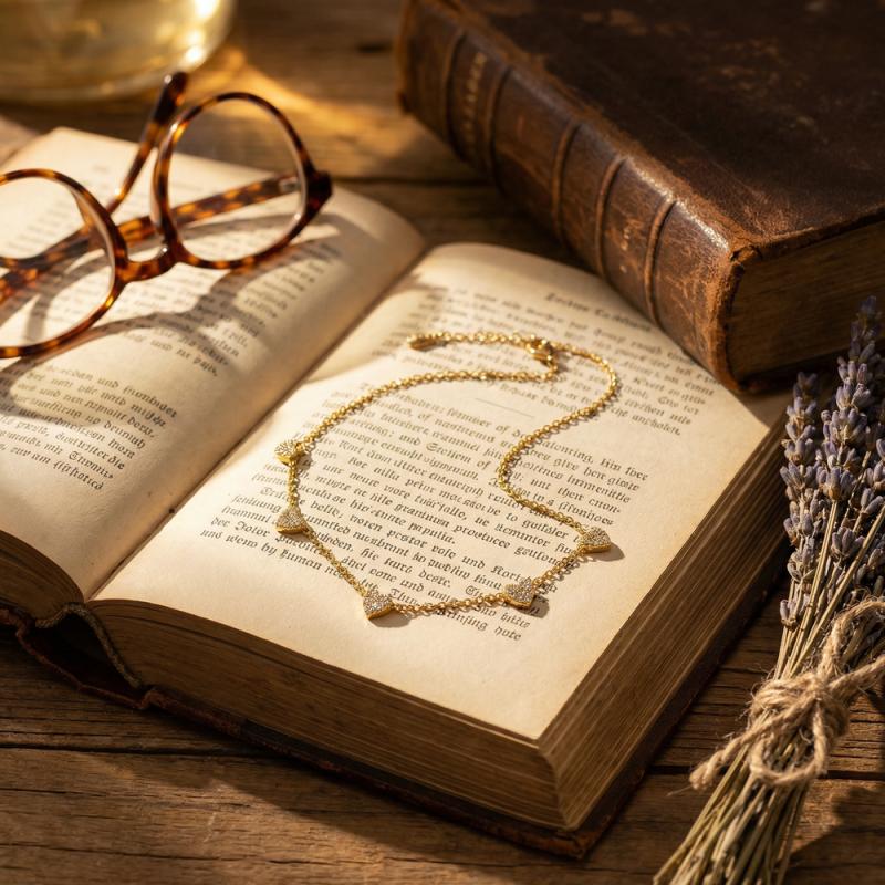 Dainty Heart Station Necklace for Women, 18K Gold Plated CZ Heart Chain Necklace, Minimalist Collarbone Jewelry Gift for Her