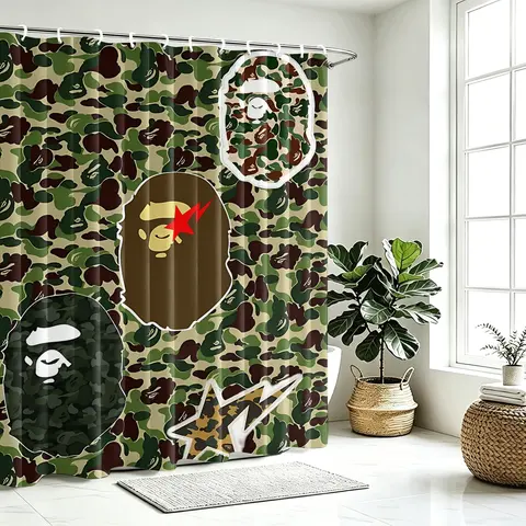 Streetwear Classic Camouflage Funky Shower Curtain, Vintage Green Blue Grey Black Galaxy Monkey Face Print, Cool Hip Hop Bathroom Decor for Teens & Men, Trendy Youth Fashion Shower Curtain with Hooks, 72 x 72 Inch