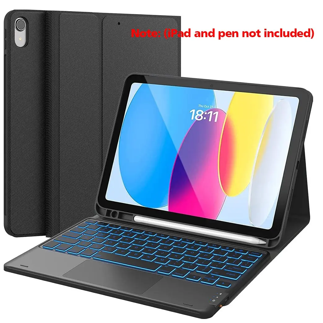for iPad 10th Gen Case with Keyboard, Wireless Tablet Keyboard (10.9-inch, 2022), 7-Color Backlight, Multi-Touch Trackpad, Flip Stand with Pen Holder, 2 Bluetooth Channels, Black (iPad and pen not included)