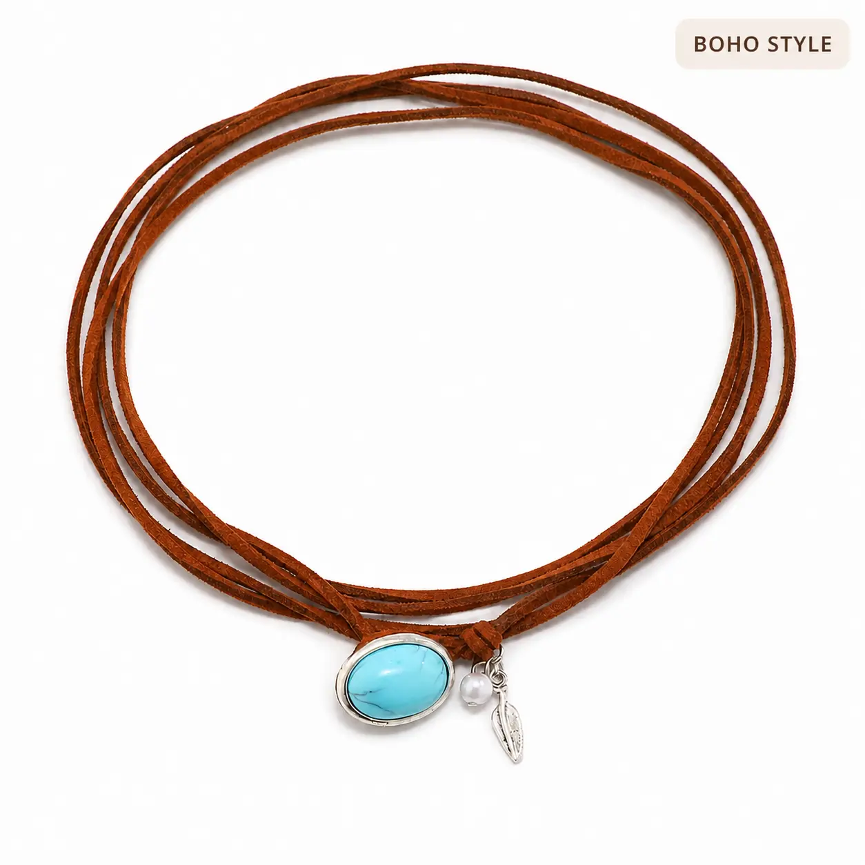 Boho Turquoise Leather Wrap Choker Necklace for Women, Vintage Western Style Necklace with Pearl and Leaf Charm
