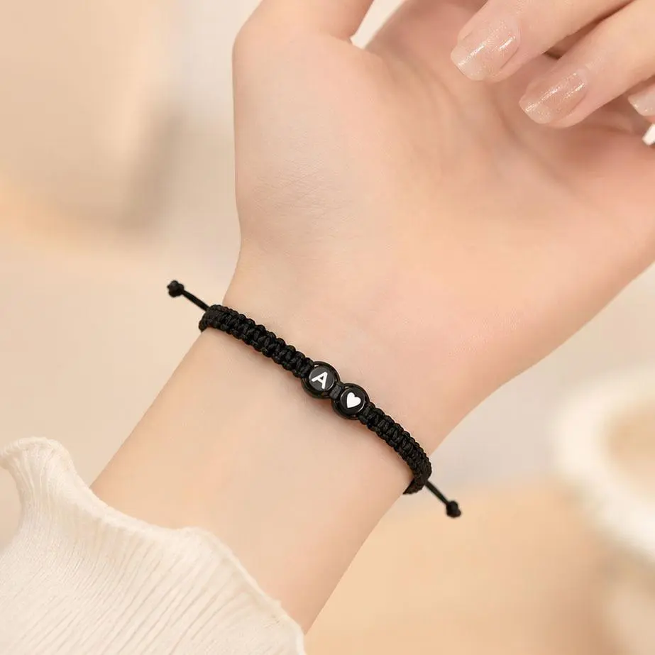 Black Braided Rope Bracelet With Custom Letter And Heart Charms, Adjustable Slide Knot Wrist Jewelry For Men And Women,Hand Woven Comfortable Personalized Accessory For Daily Casual Matching