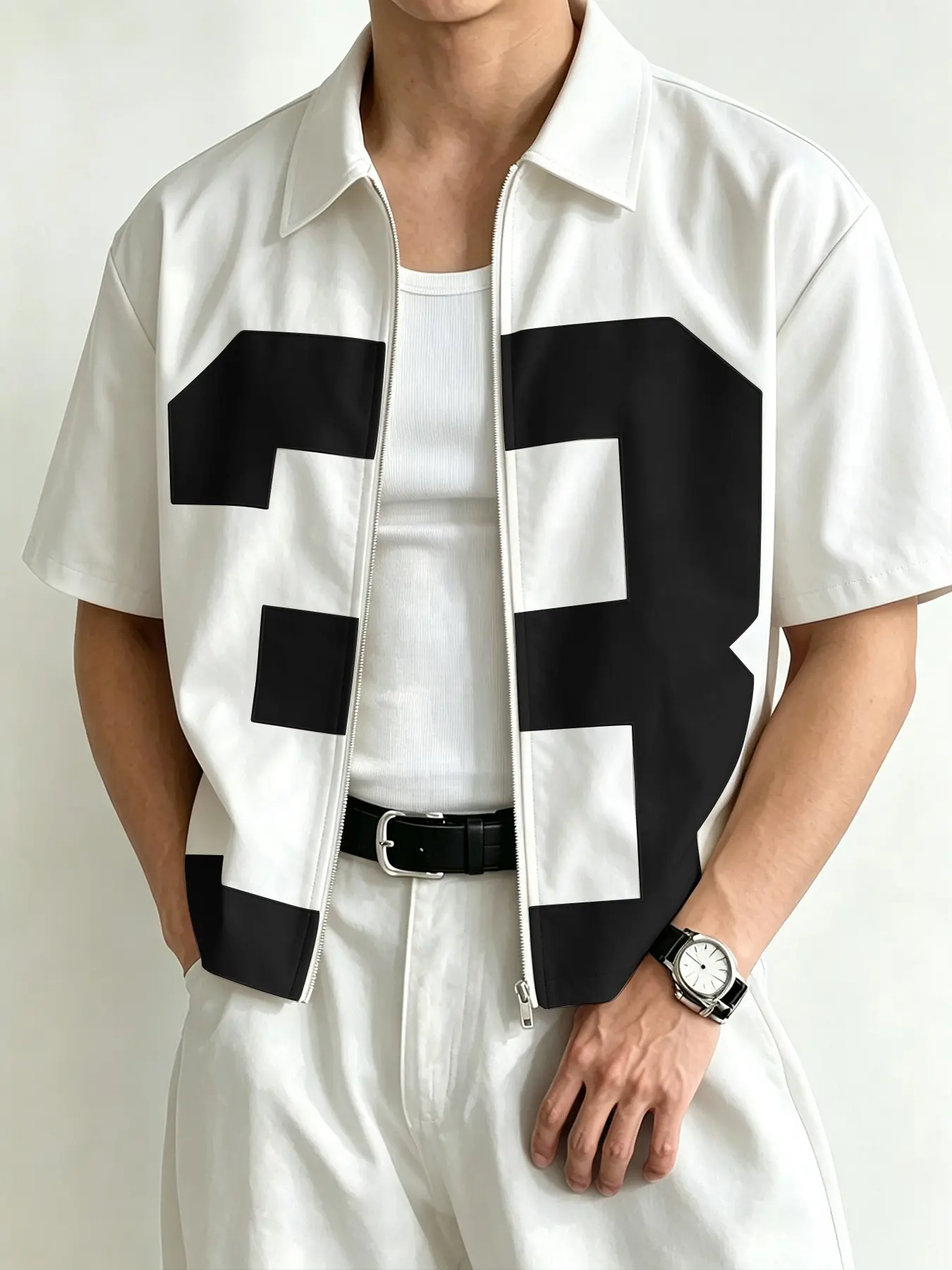 Collared Zipper Short Sleeve Shirt, Large Number 3 Graphic, Loose Streetwear Casual Top, Fitted H-Type Silhouette, Plain Surface
