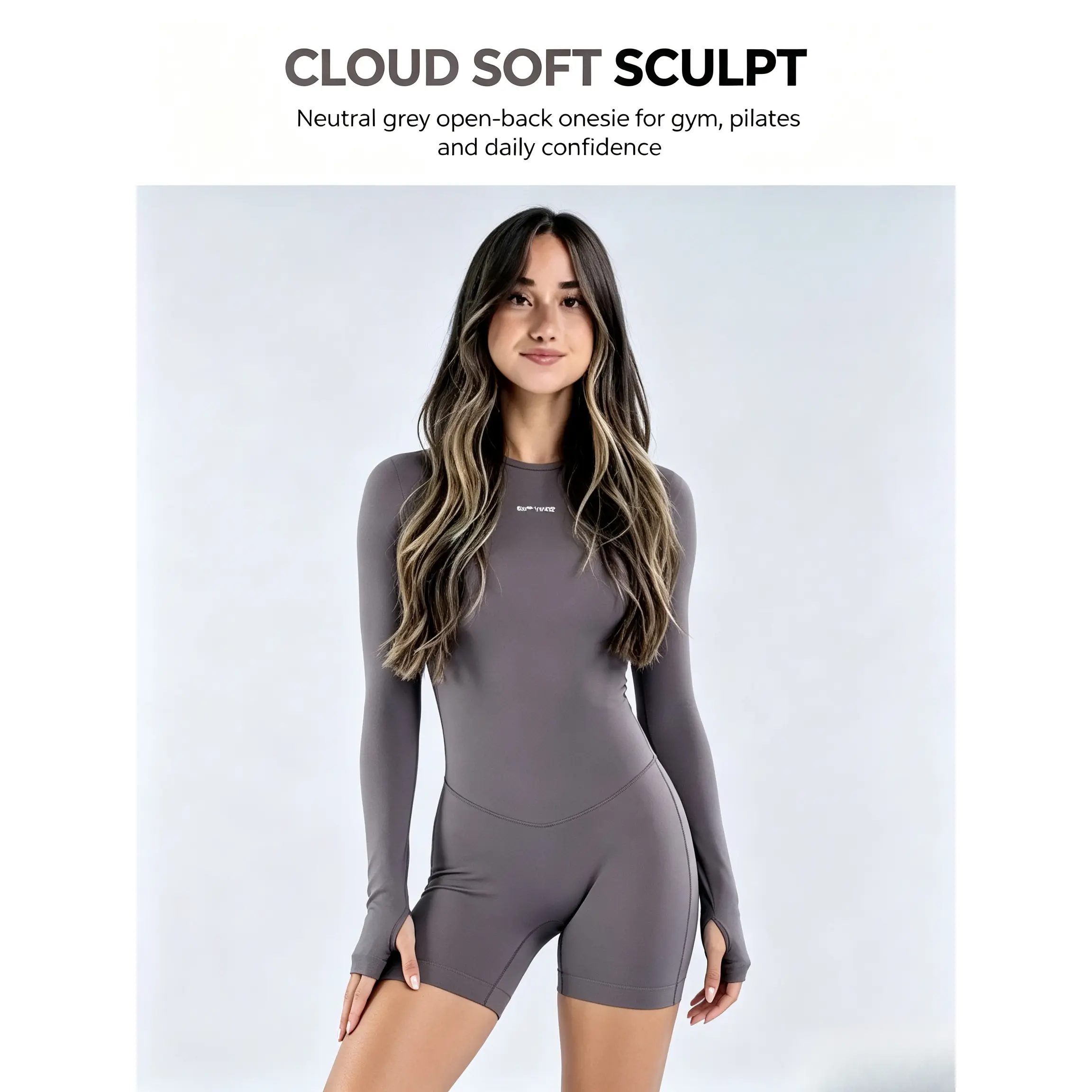 Female Long Sleeve Neutral Grey Backless Sports Jumpsuit, Compression True-Fit, Mid Thigh Shorts Design, Instant Waist & Booty Sculpt, for Gym & Daily Wear, Long Sleeve Onesie