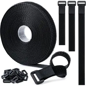 0.8" x16Ft Hook and Loop Straps with 25 Plastic Buckles, Adjustable Fastening Cable Straps, Free Cut Length, Reusable Nylon Cable Ties  Organizer or Storage, Black