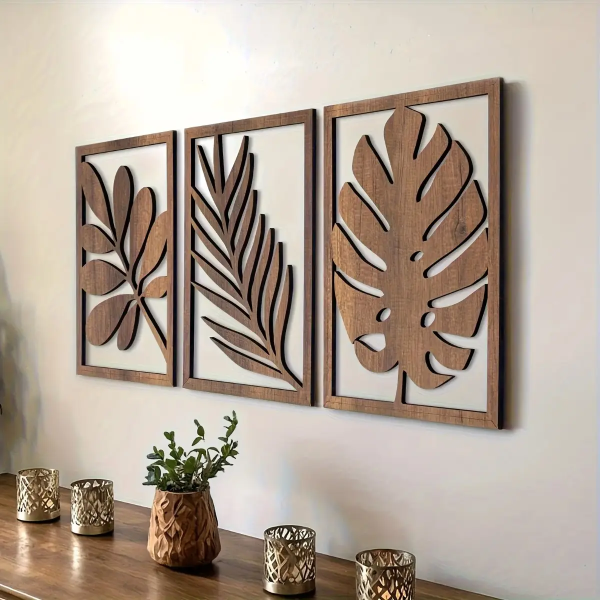 Bohemian Wall Decor - 3-Piece Rustic Tropical Leaf Wooden Art Set, Cutout Graphic Plaques for Living Room, Bedroom & Dining Room