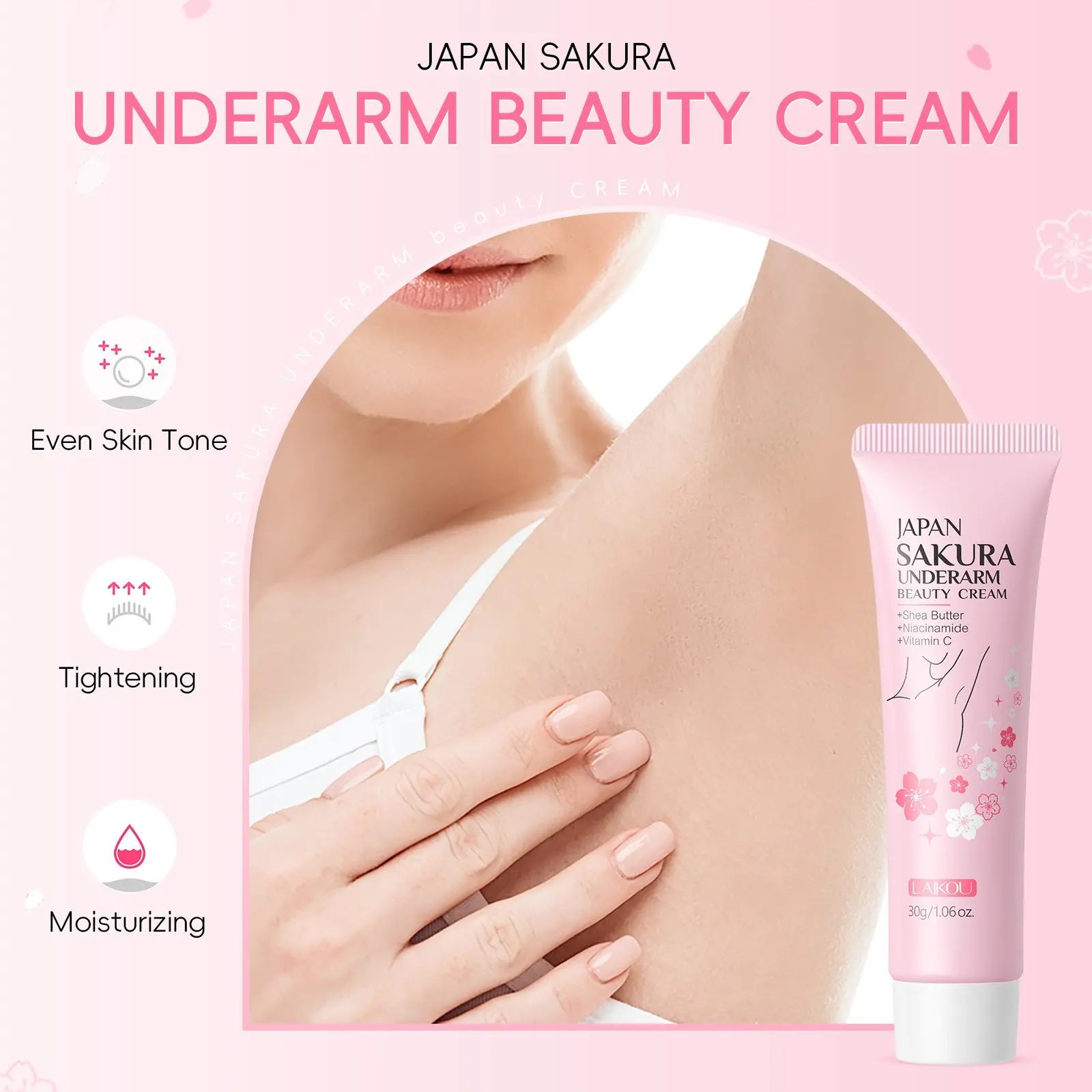 Japanese Cherry Blossom Underarm Brightening Cream 30g, Niacinamide + Shea Butter + Vitamin C, Improves Dark Spots, Even Skin Tone, Refreshing， Fades Pigmentation & Dullness ， Smooth Even Glow