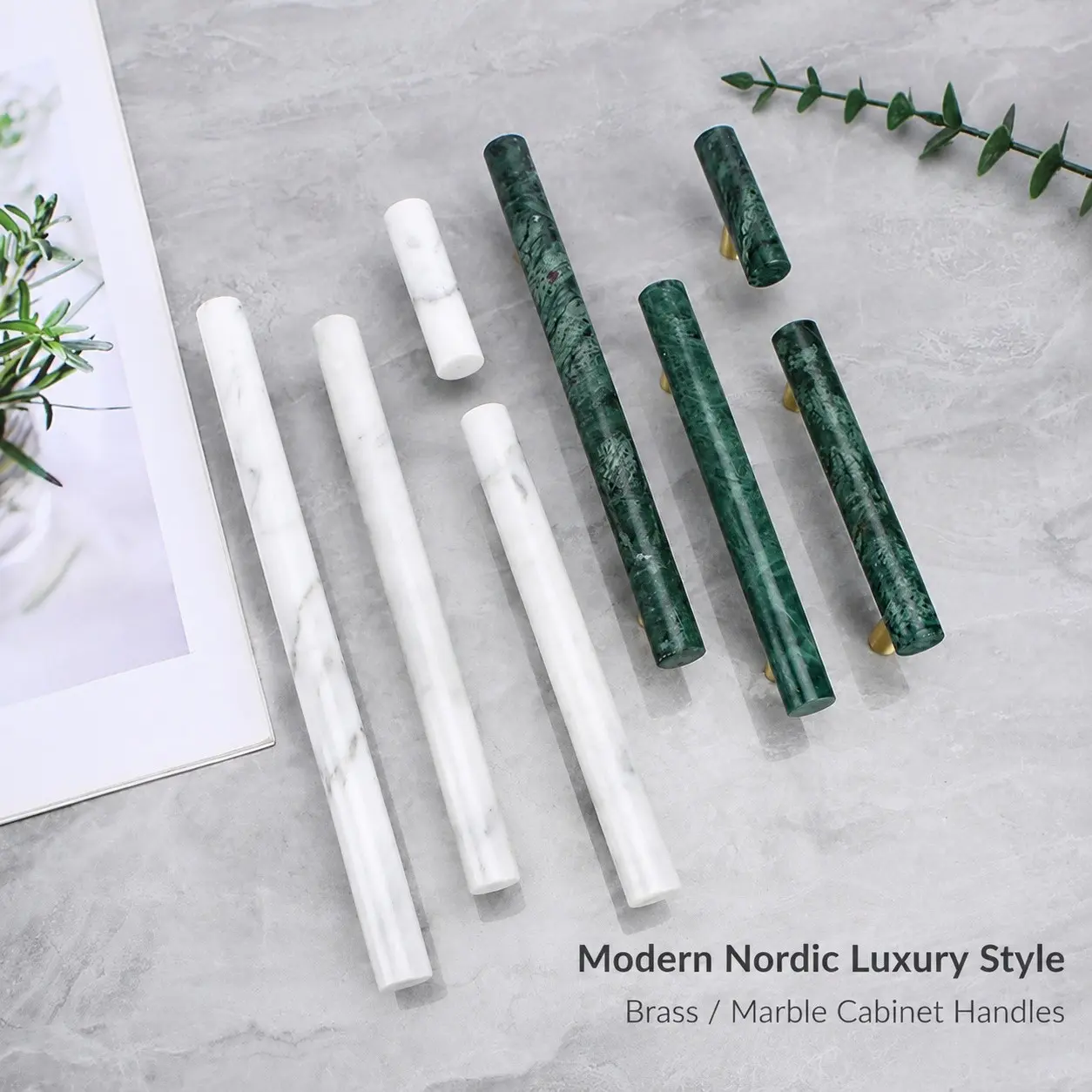 Nordic Luxury Natural Marble Brass Handle, Simple Cylindrical Single Hole T-Type Handle, Dual Hole Long Bar Handle for Kitchen Cabinets