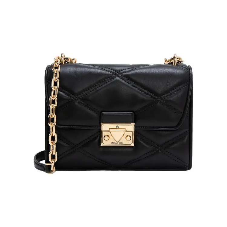 Michael Kors MK Serena Chain-Link Square Metal Clasp Quilted Leather Envelope Crossbody Bag for Women, Black