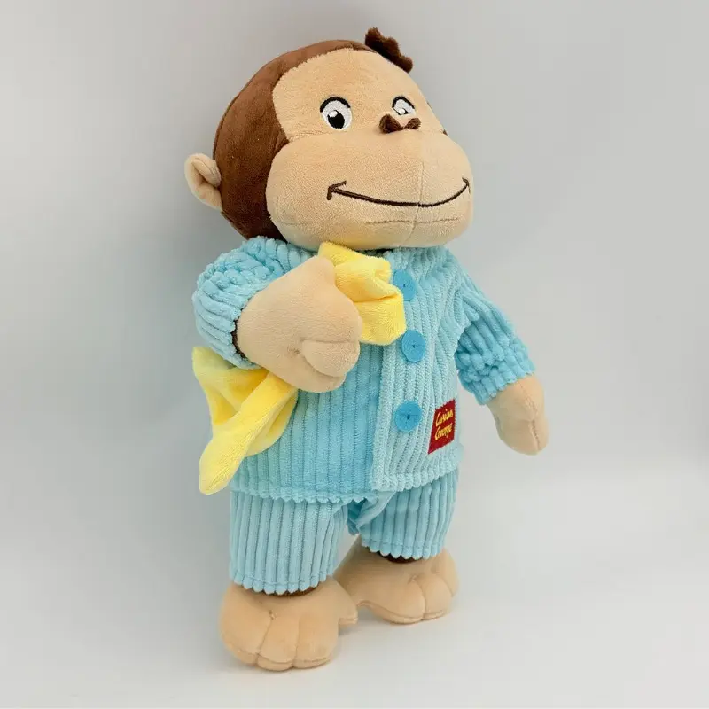 Cute Monkey Plush Doll Wearing Light Blue Striped Pajamas Holding Yellow Banana Soft Fluffy Animal Stuffed Toy Kids Bedtime Companion Gift