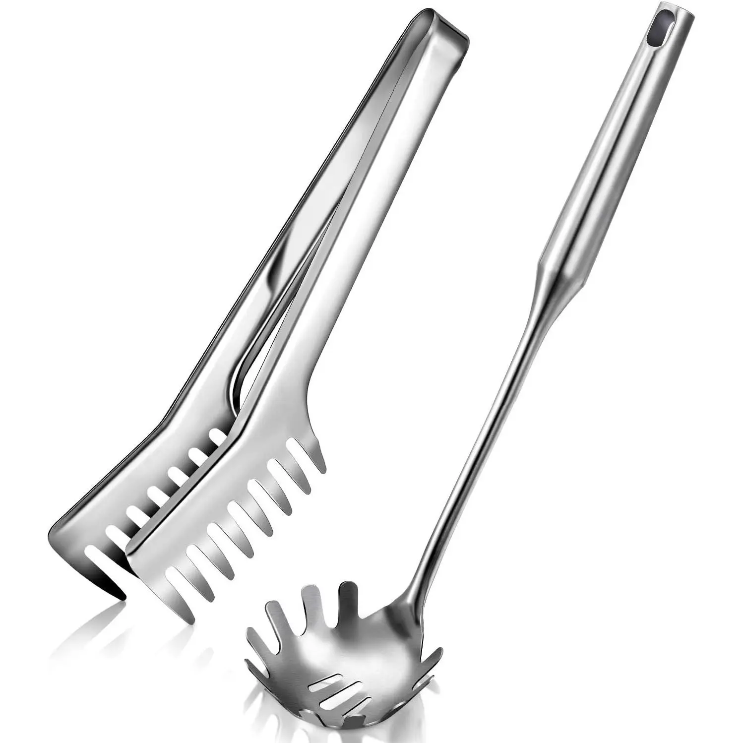 Stainless Steel Spaghetti Spoon and Pasta Tongs Set, Long Handle Noodle Server Tools with Drain Holes, Non-slip Grip for Cooking and Serving Pasta Noodles (Sliver)