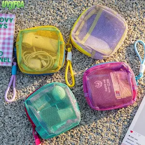 Dopamine Contrast Color Mesh Mini Cosmetic Bag with Hand Strap, See Through Honeycomb Grid Portable Zipper Pouch, Multi Compartment Small Makeup Organizer, Lightweight Travel Storage Case for Earbuds Cards Skincare Accessories Outdoor Daily Carry