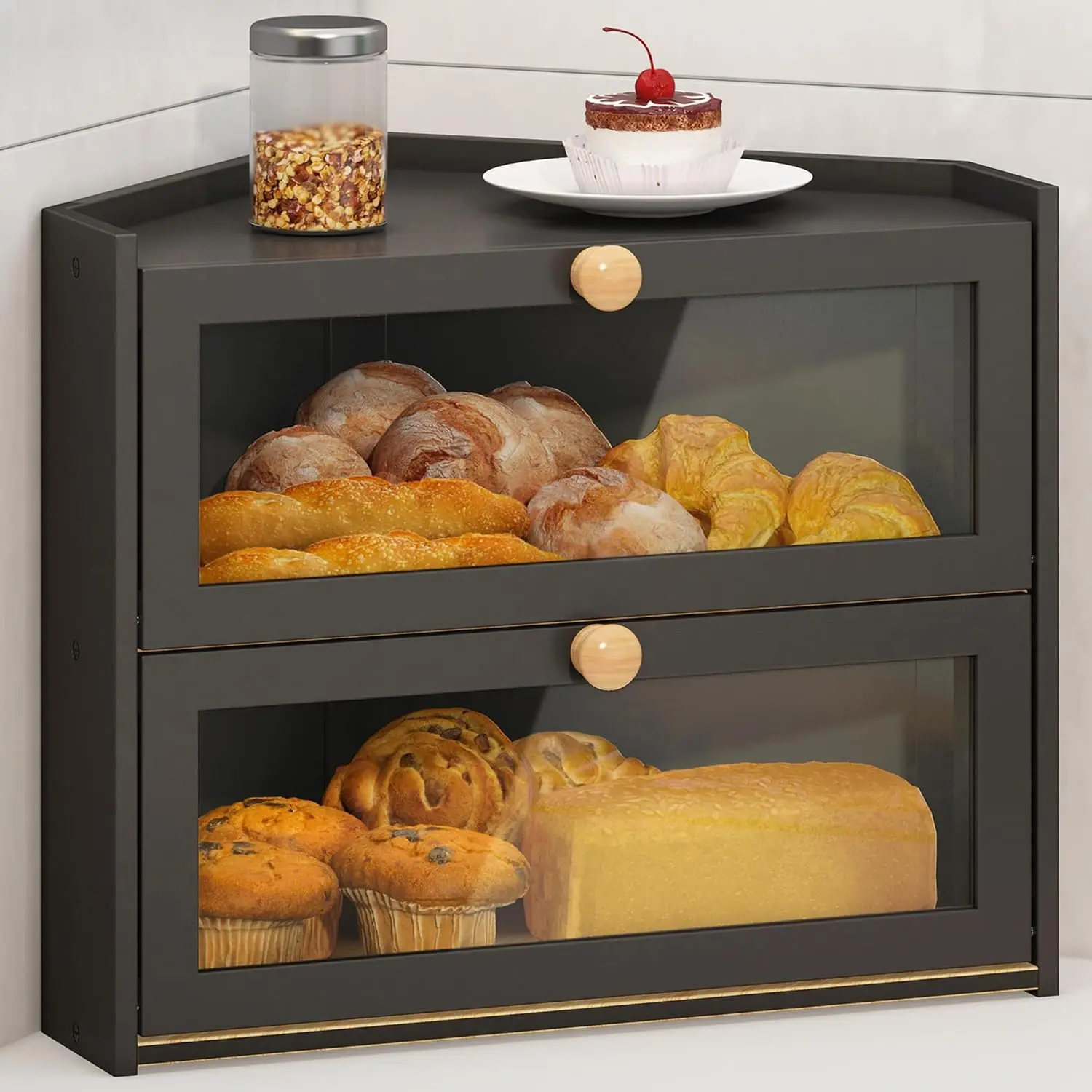 Corner Bread Box for Kitchen Countertop  Bread Holder | Large Capacity Bread Container Storage Wooden  Breadbox (Black, 16.6"L x 12.28"W x 14.17"H)